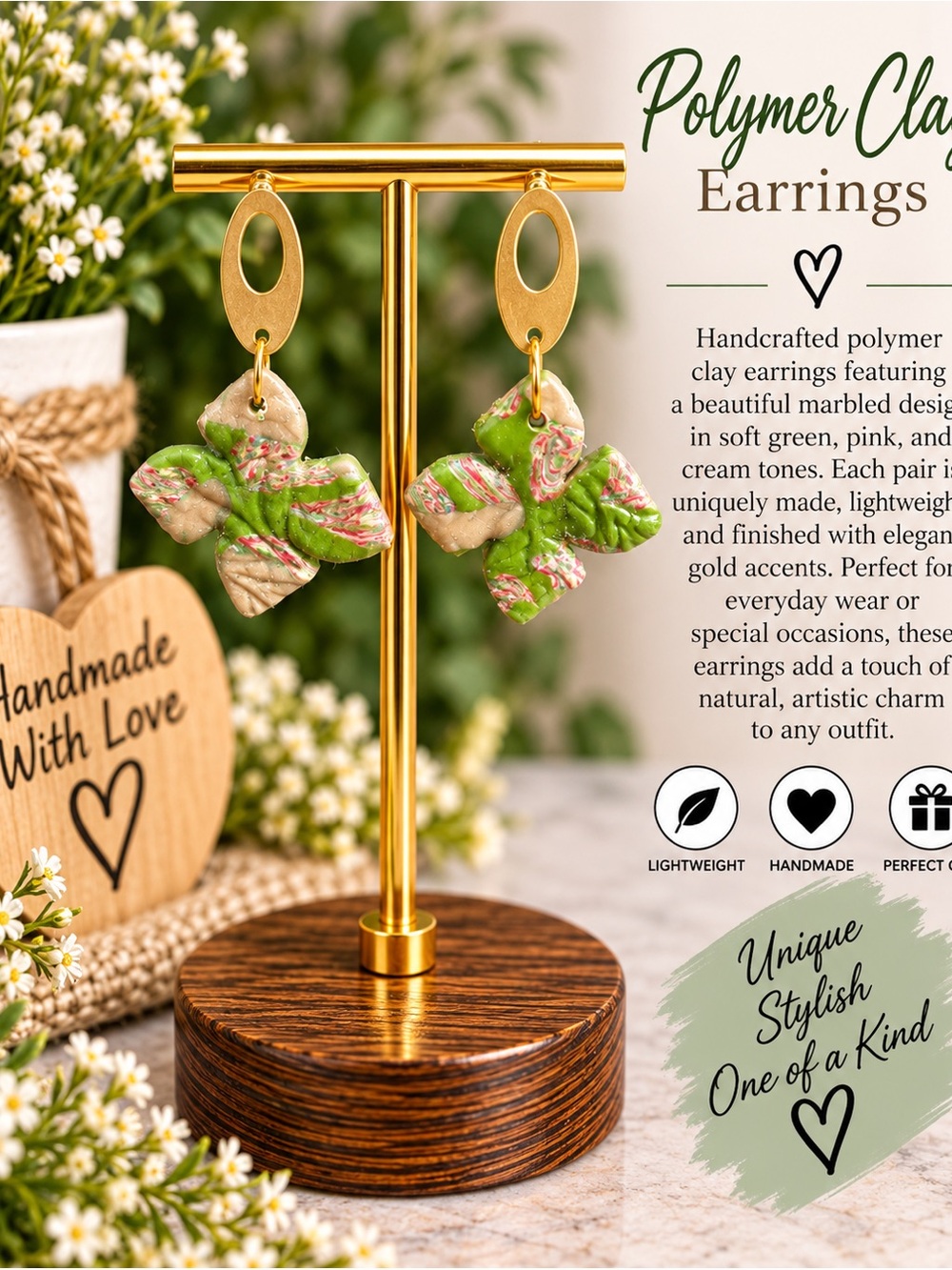 Handcrafted Green & Pink Polymer Clay Clover Dangle Earrings